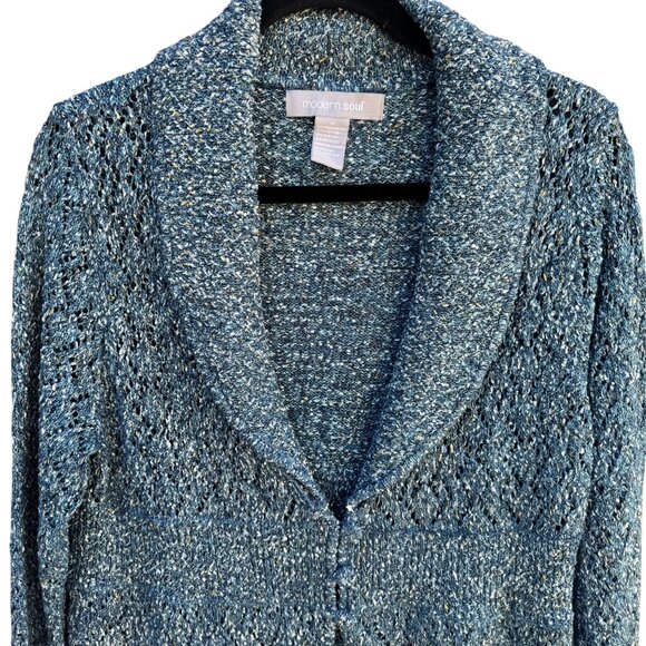 Modern Soul Womens Shawl Collar Blue Metallic Open Knit Cardigan Sweater Jacket - Picture 3 of 11
